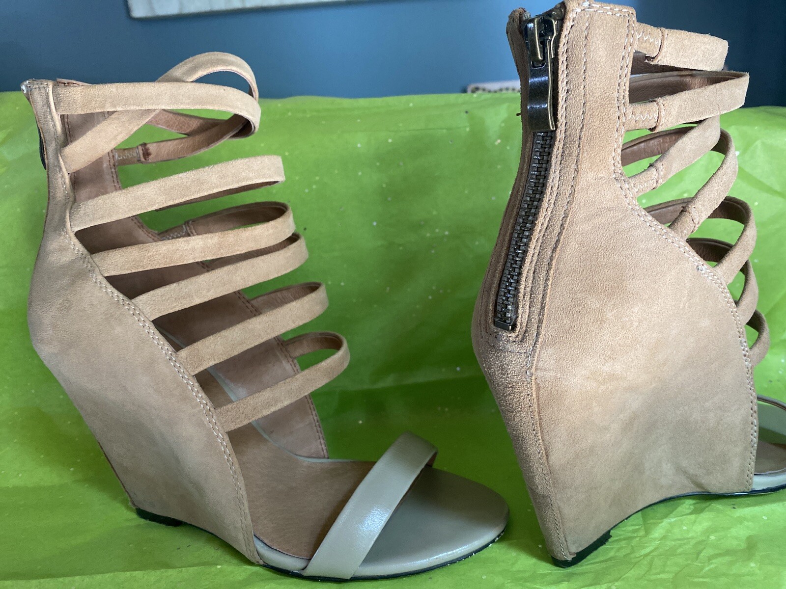 kane by mia limited edition taupe suede Strap Oy Wedge Sandals.