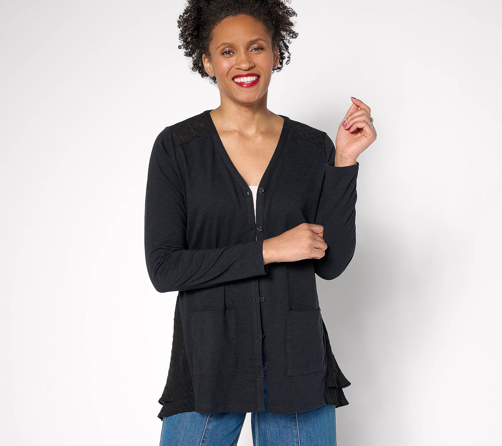 LOGO by Lori Goldstein Petite Knit Cardigan with Clip Dot Trim Black L New