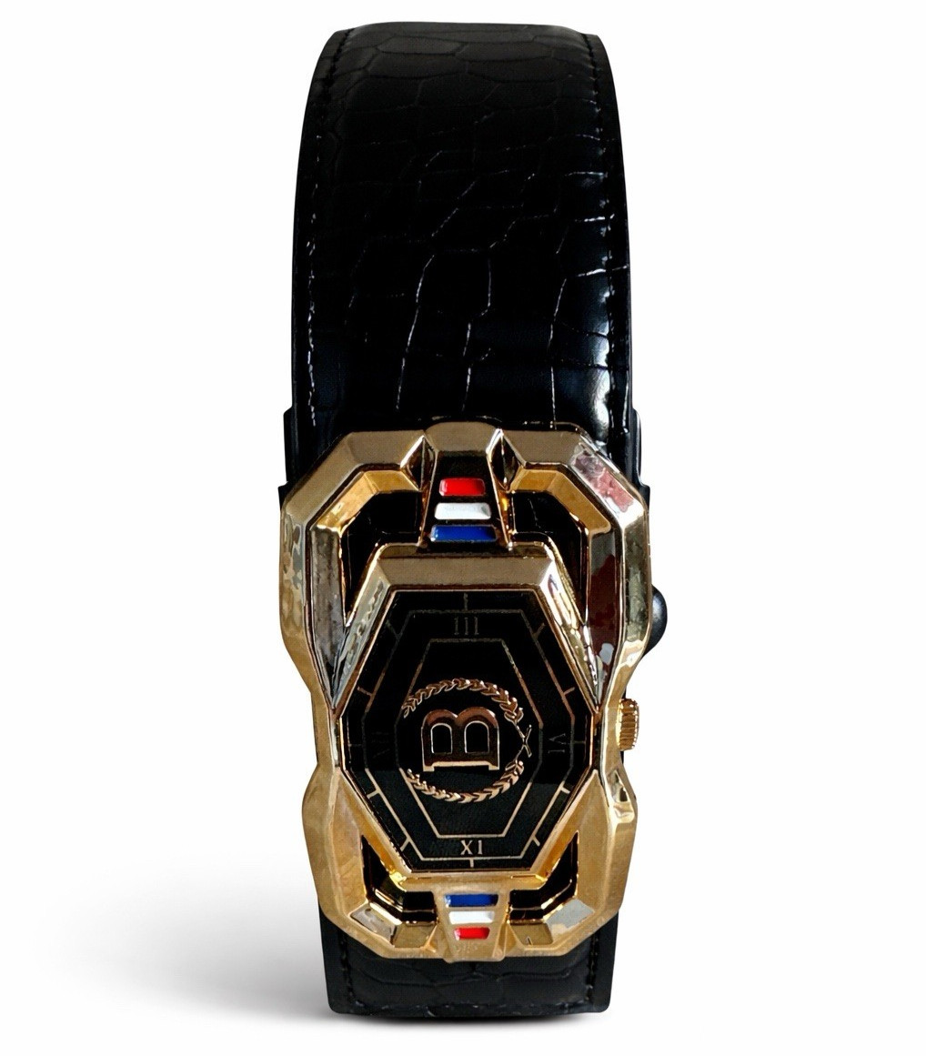Elegant Fashion Men Belt Adjustable Gold Buckle Crocodile Black Length 51 in new
