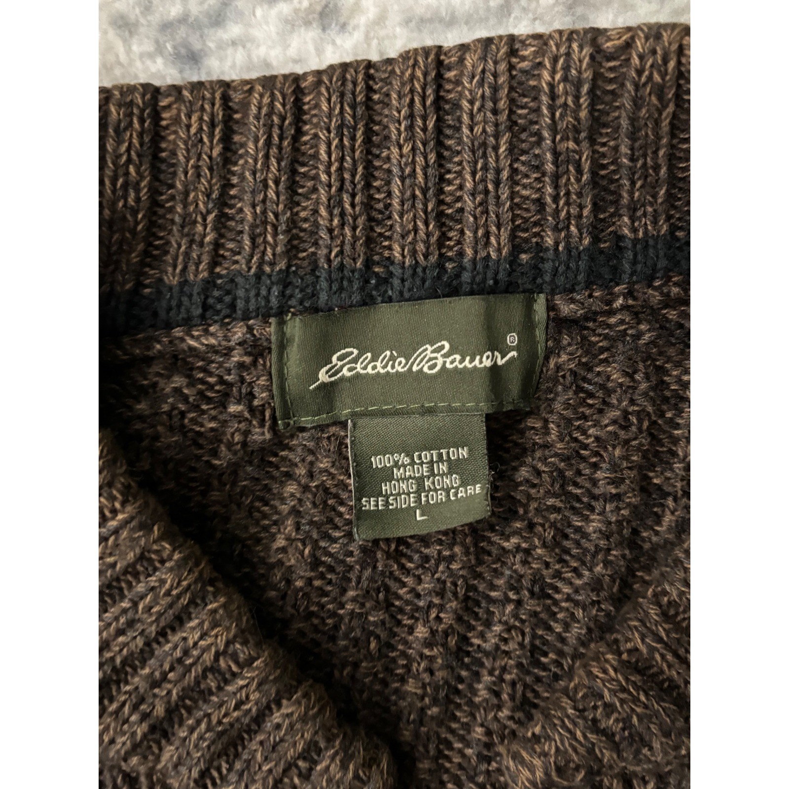 Vtg Eddie Bauer Fisherman Henley Sweater Mens L Brown Chunky Cable Knit Cotton