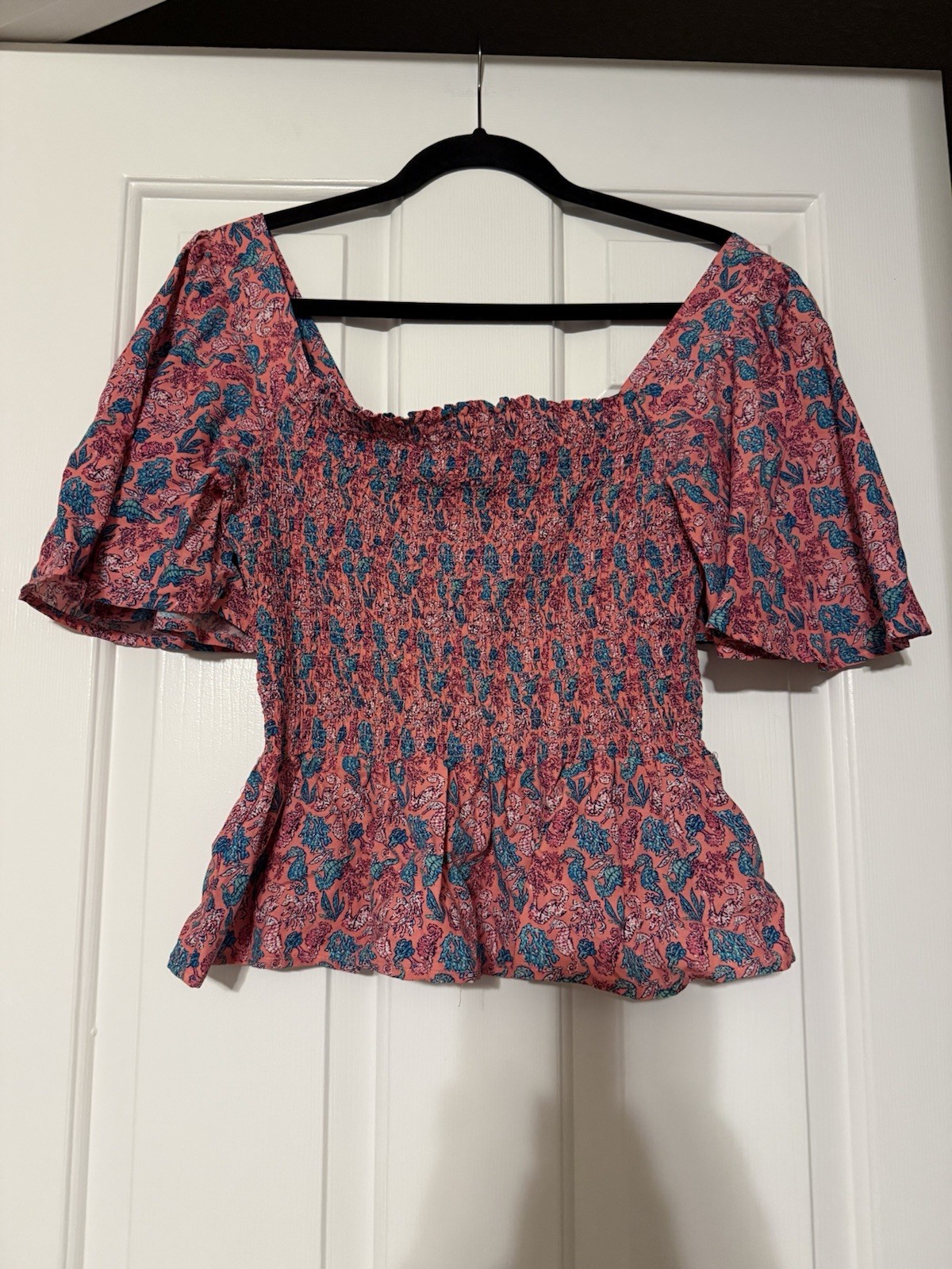 Simply Southern Smocked Seahorse Peplum Top Pink Blue Coastal Flutter Sleeve M⁠