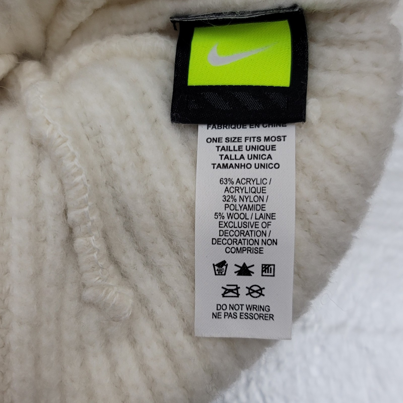 Nike Standard Cuff Pom Beanie Womens White Swoosh Logo One Size