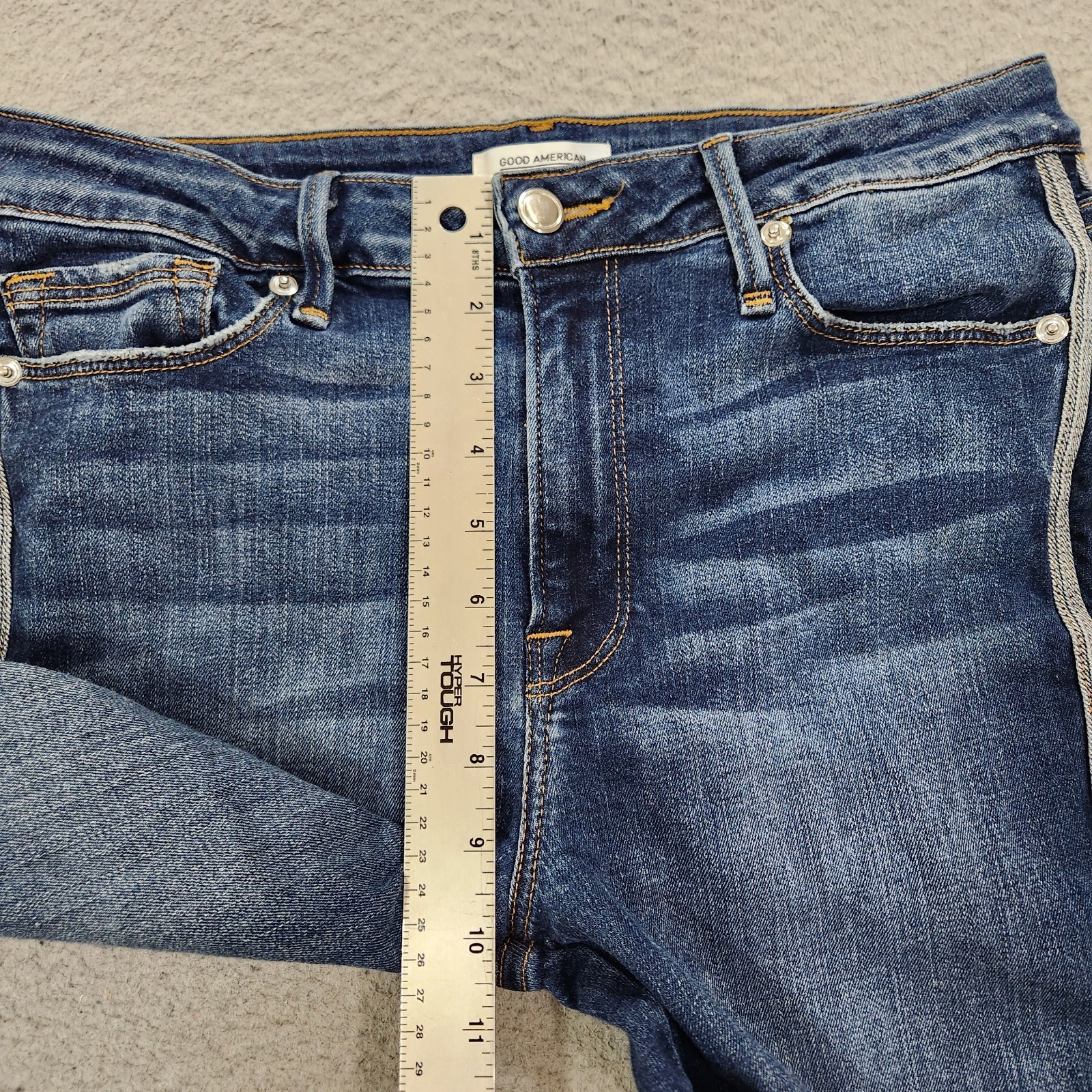 Good American Jeans Womens Size 10/30 Blue Denim Straight Stripes Raw Frayed Hem