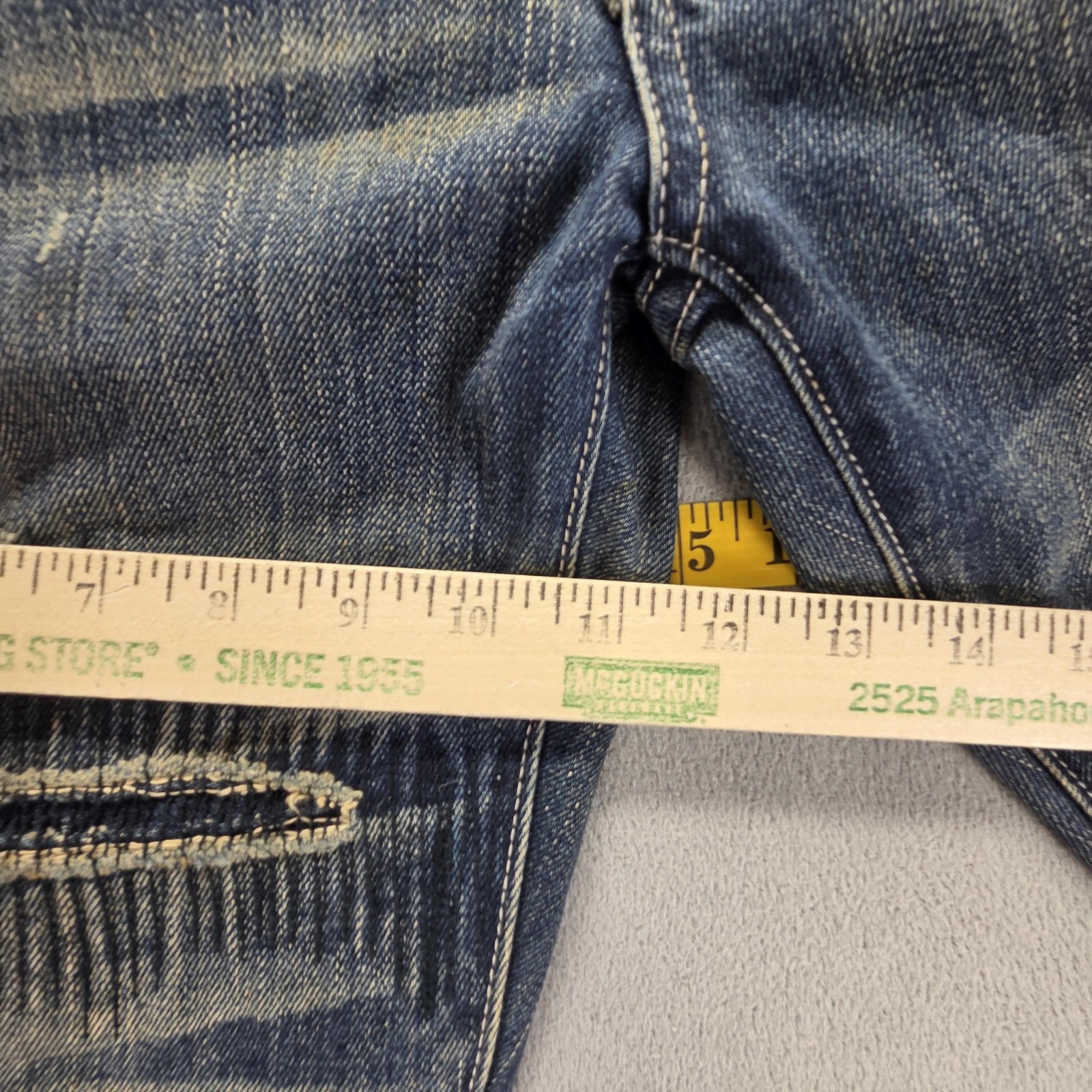 Selvedge Jeans Mens Blue Thrashed Patchwork Whiskers Honeycomb Fits 33×31
