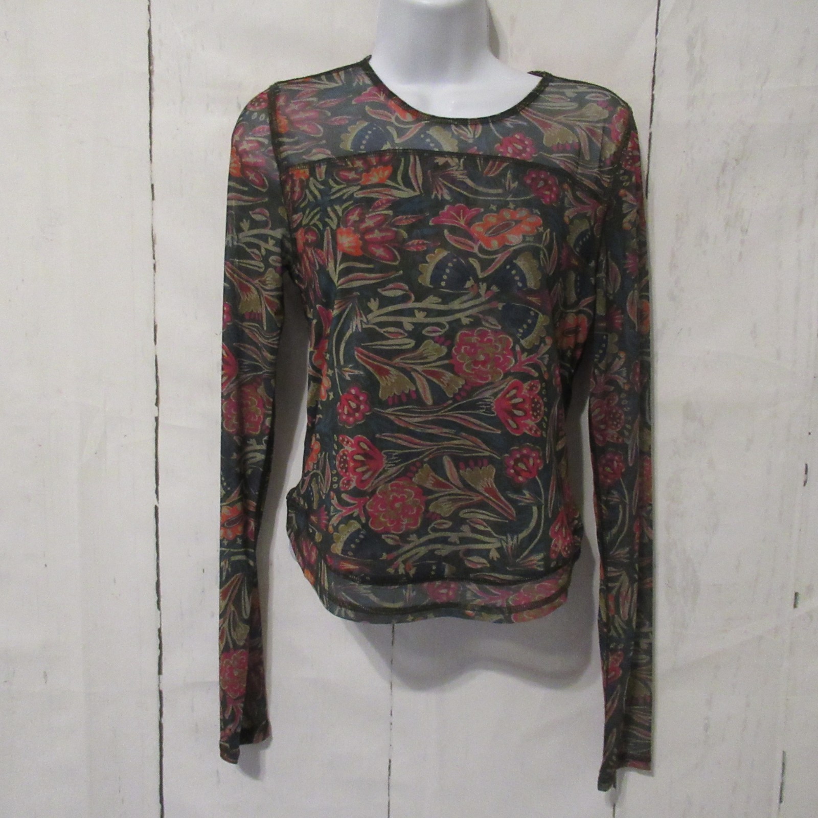 Natural Life Top M Medium Green Floral Mesh Long Sleeve Boho