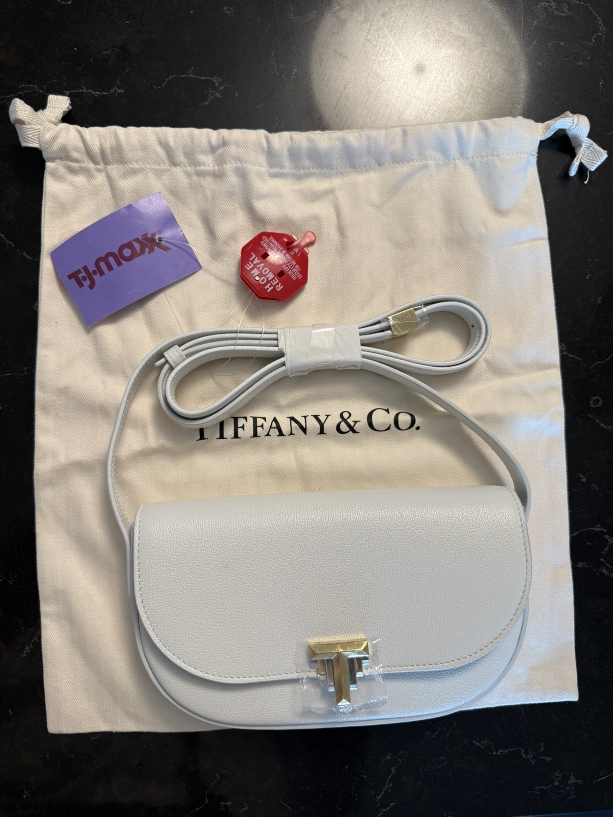 Tiffany & Co. White Leather Crossbody Shoulder Bag Gold T-Deco New with Dustbag
