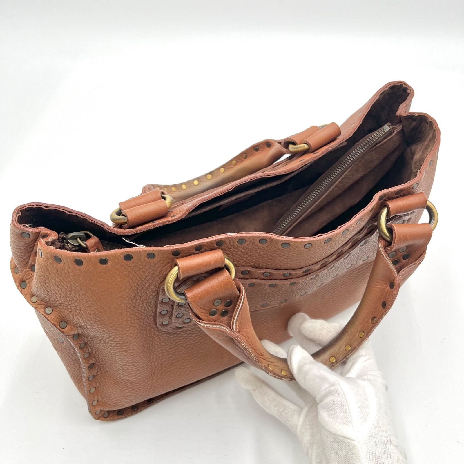 Auth Celine Boogie Bag Y2K Studded Leather Handbag, Brown 2Y9364