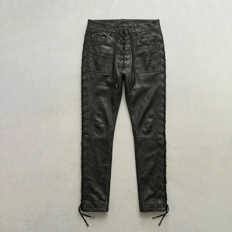 Men’s Genuine Leather Lace-Up Pants Black Western Biker Motorcycle Trousers