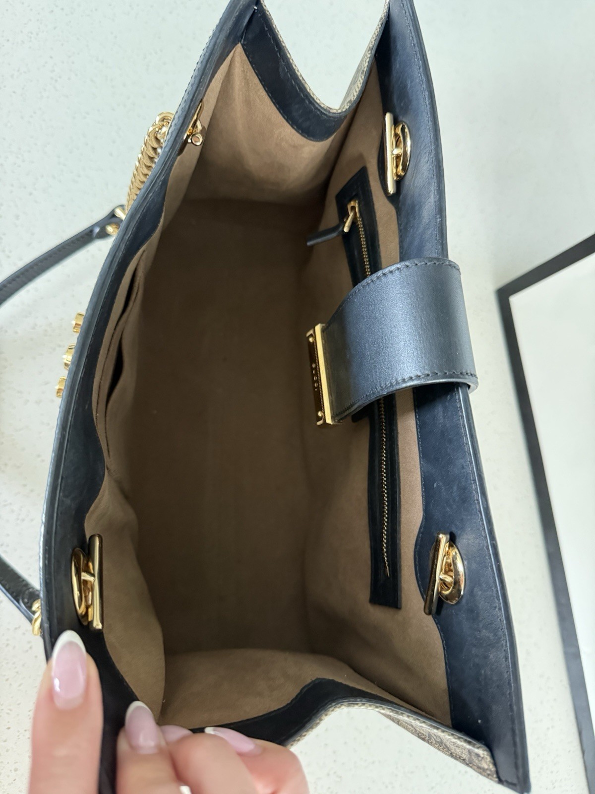 Gucci GG Padlock Medium Top Handle Bag Beige Black Gold Lock Chain Strap