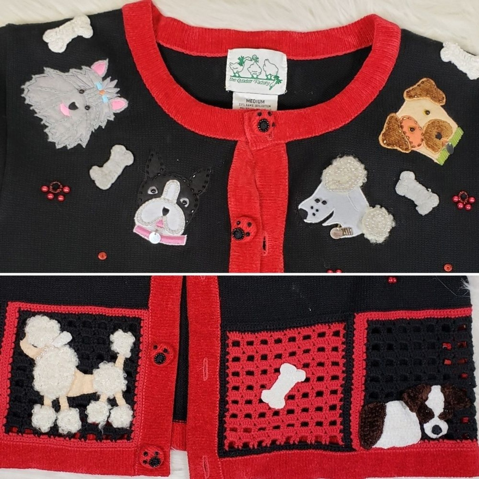 Quacker Factory Vintage Dog Lovers Cardigan Sweater Poodle Shih Tzu Pit Bull Ter