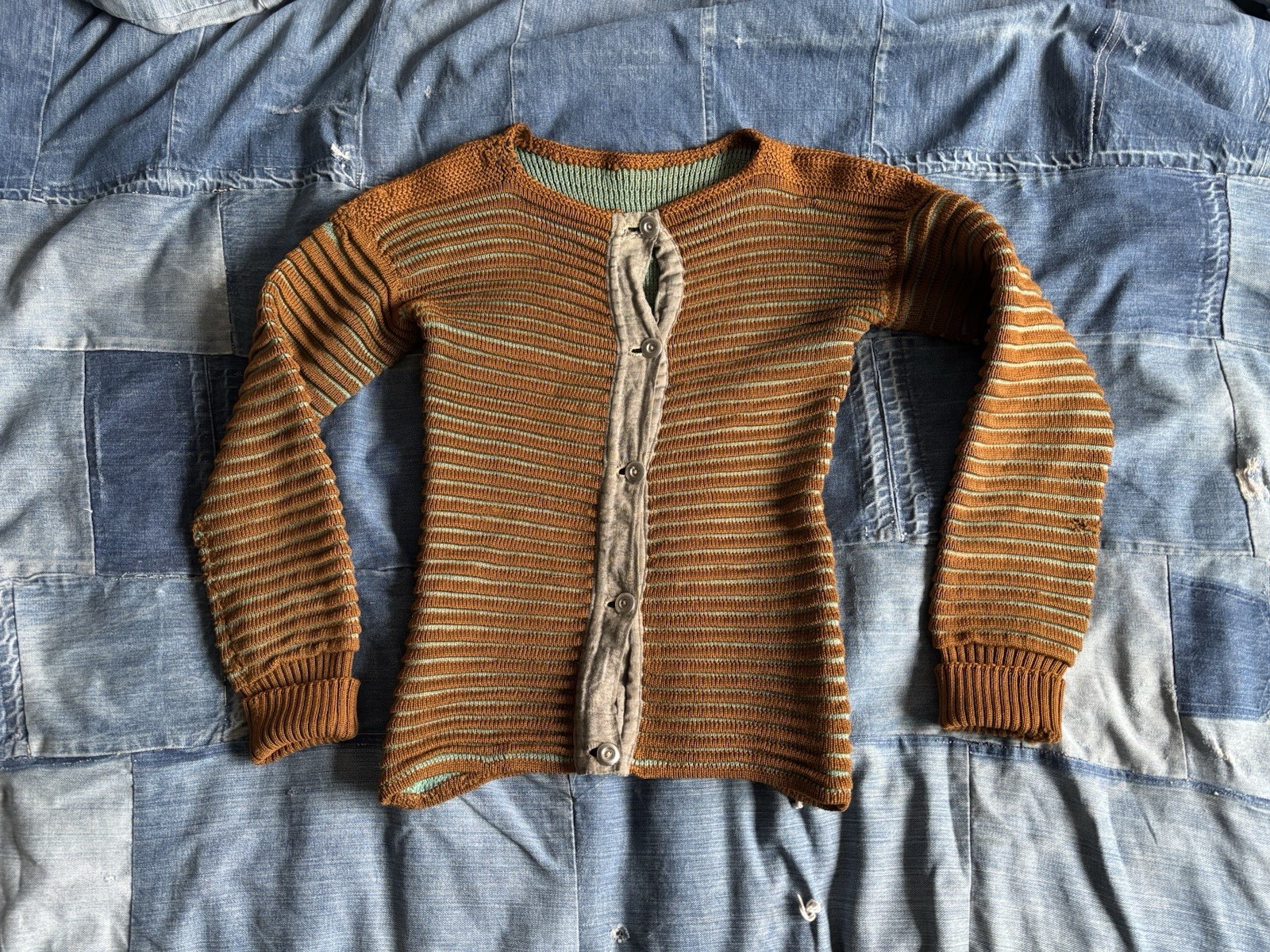 Vtg 1900s 1910s Ribbed Cardigan Sweater Metal Buttons Salt And Pepper Workwear