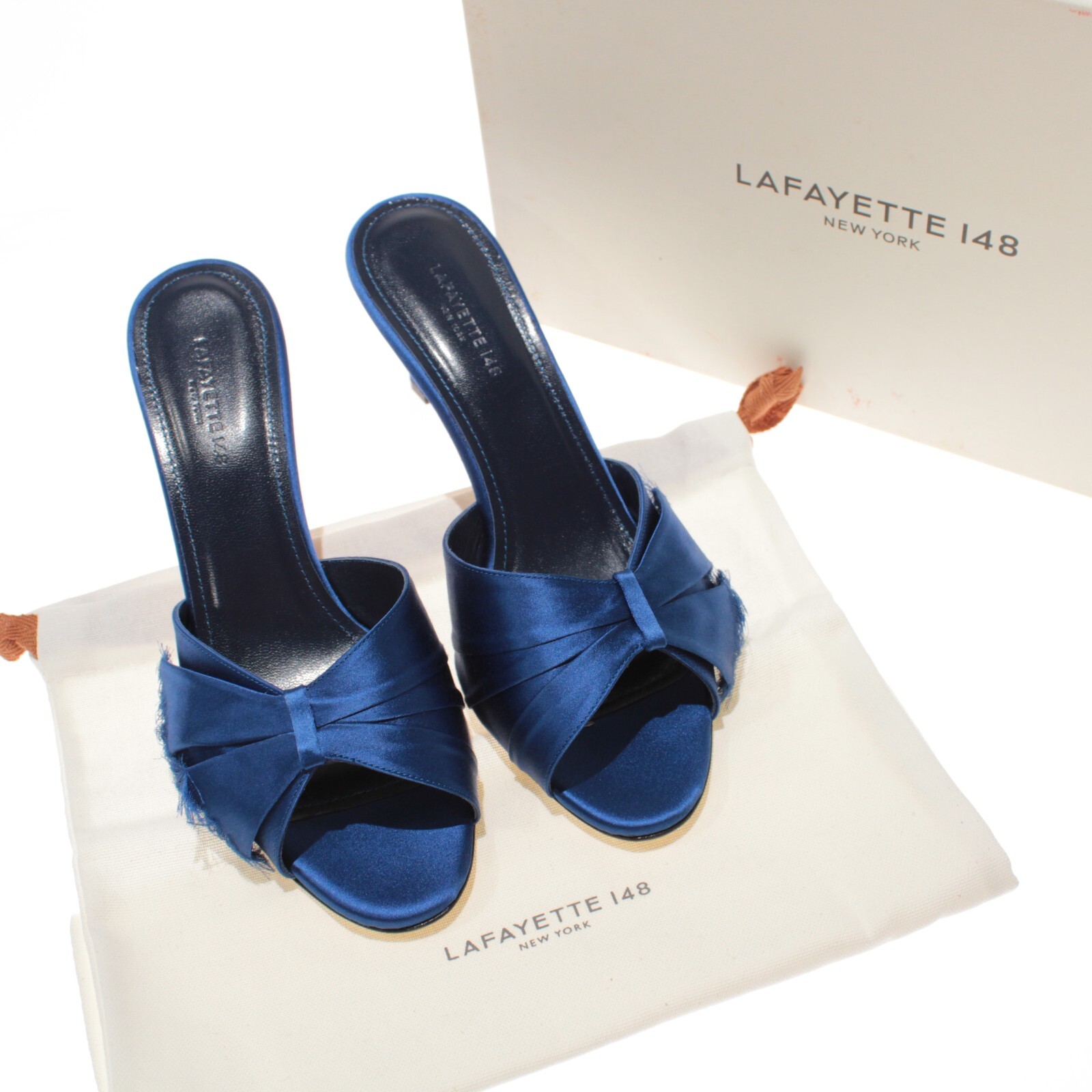 Lafayette 148 NWB Elora 70mm Fringe Satin Heels Size 39 US 9 in Tile Blue
