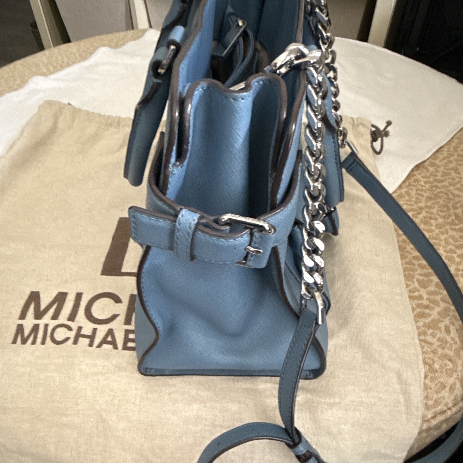 Michael Kors Blue Pebbled Satchel Top Handle Zip Detachable Chain Strap Dust Bag