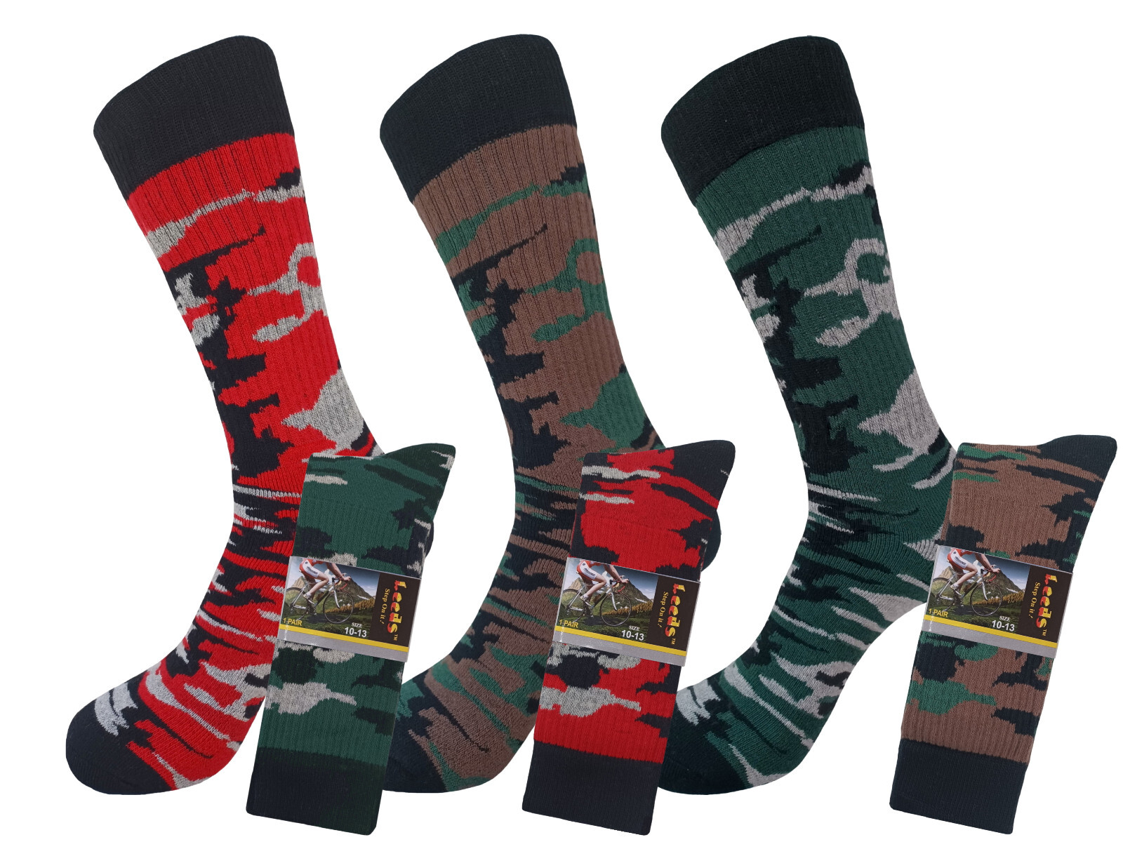 3PK COTTON CAMOUFLAGE CREW ARMY SOCKS SIZE 10-13 TRUE TO SIZE HIKING SOCKS