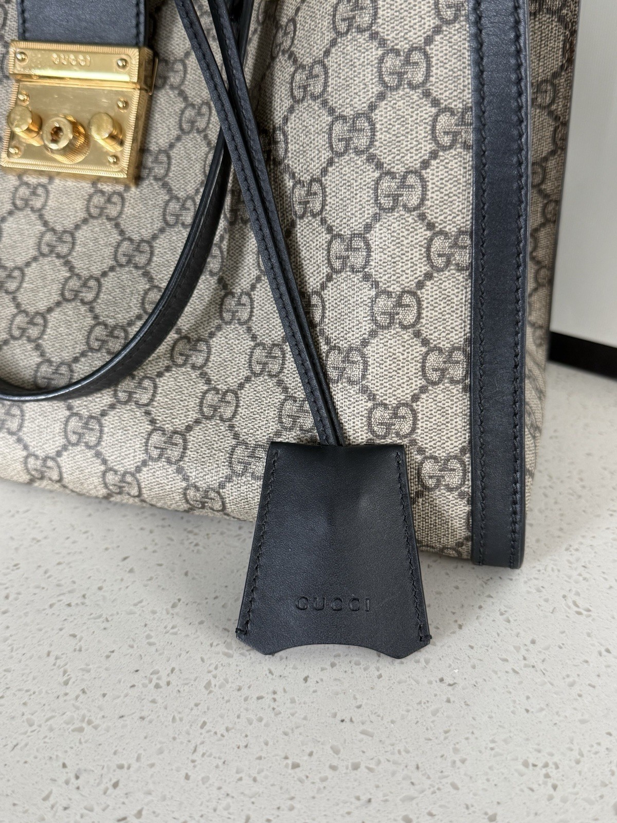 Gucci GG Padlock Medium Top Handle Bag Beige Black Gold Lock Chain Strap