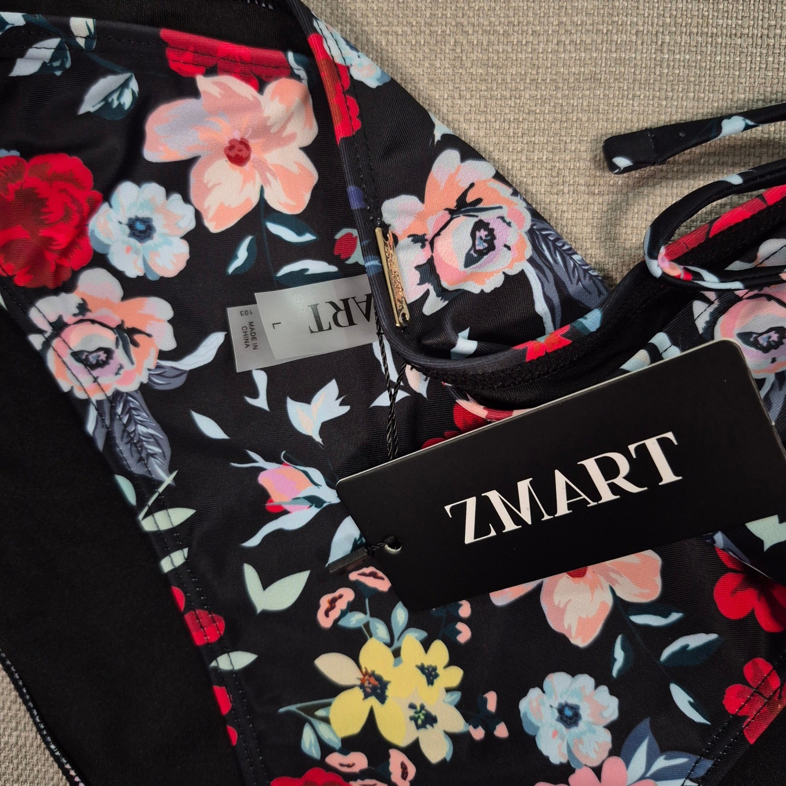 ZMART Womens Floral Side Tie Bikini Bottom Black Multi Color Mid Rise Size Large