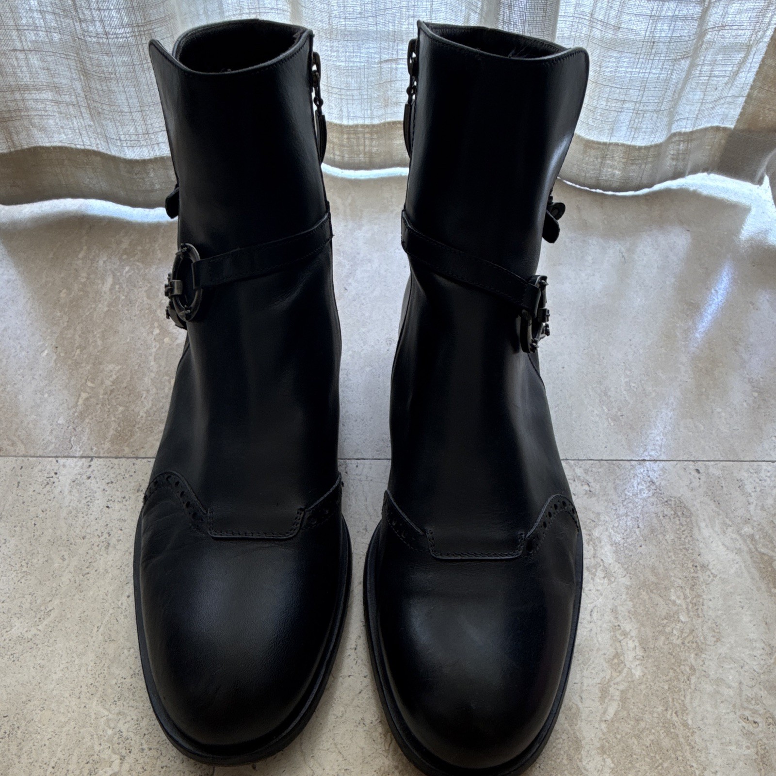 Cesare Paciotti Men’s Black Leather Ankle Harness Boots Round Toe Zip 10