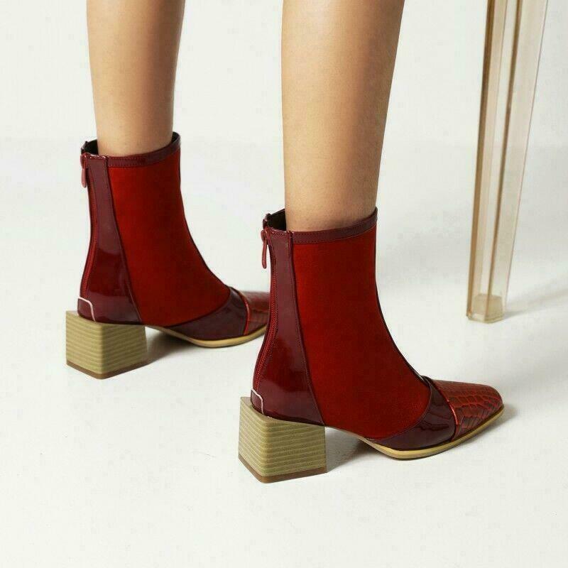 Splicing Leather Denim Women’s Ankle Boots Low Cuban Heel Shoes Casual Patchwork