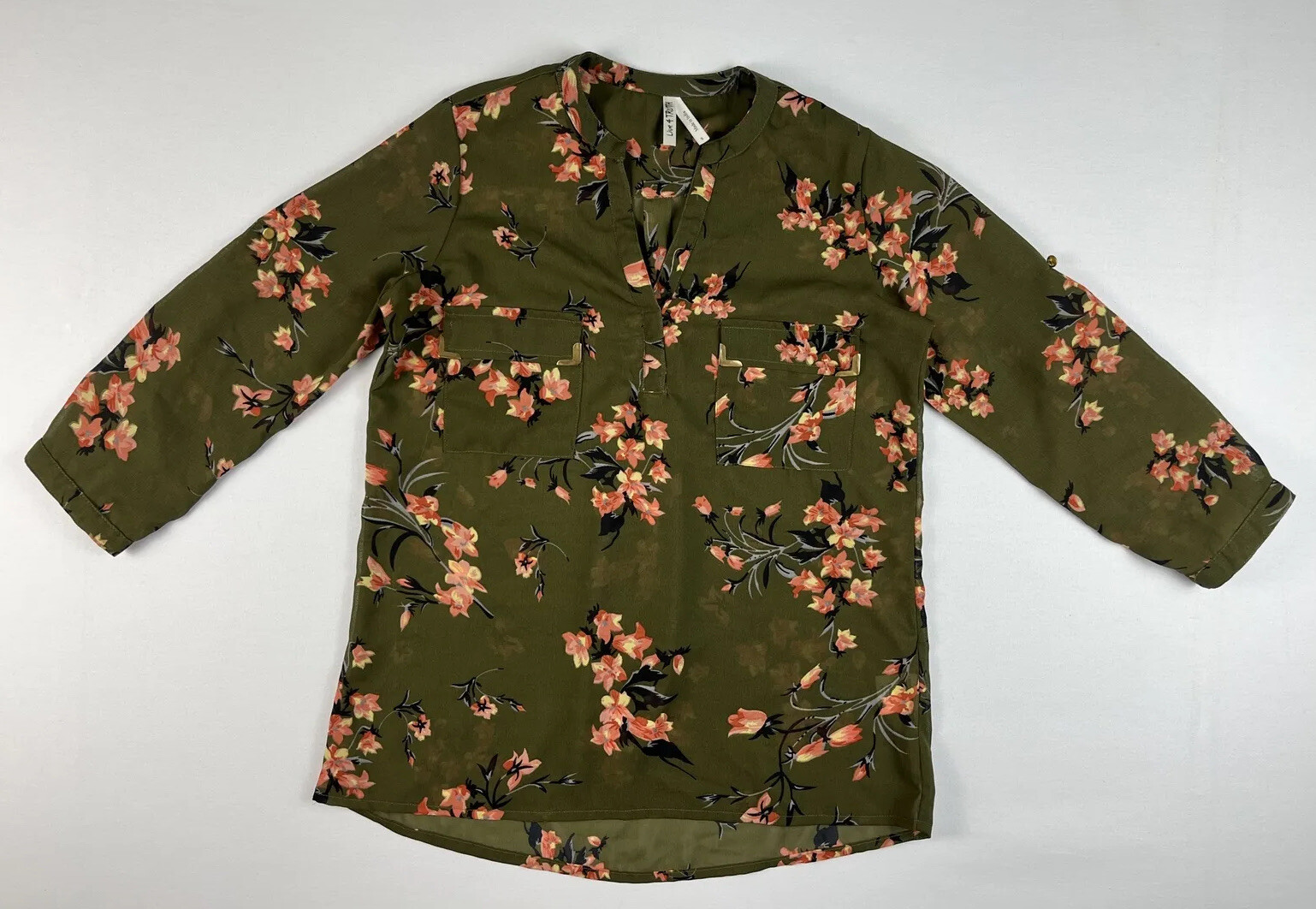 Live 4 Truth Size Small Green Floral Sheer Blouse 3/4 Sleeves W/ Roll Tab Option