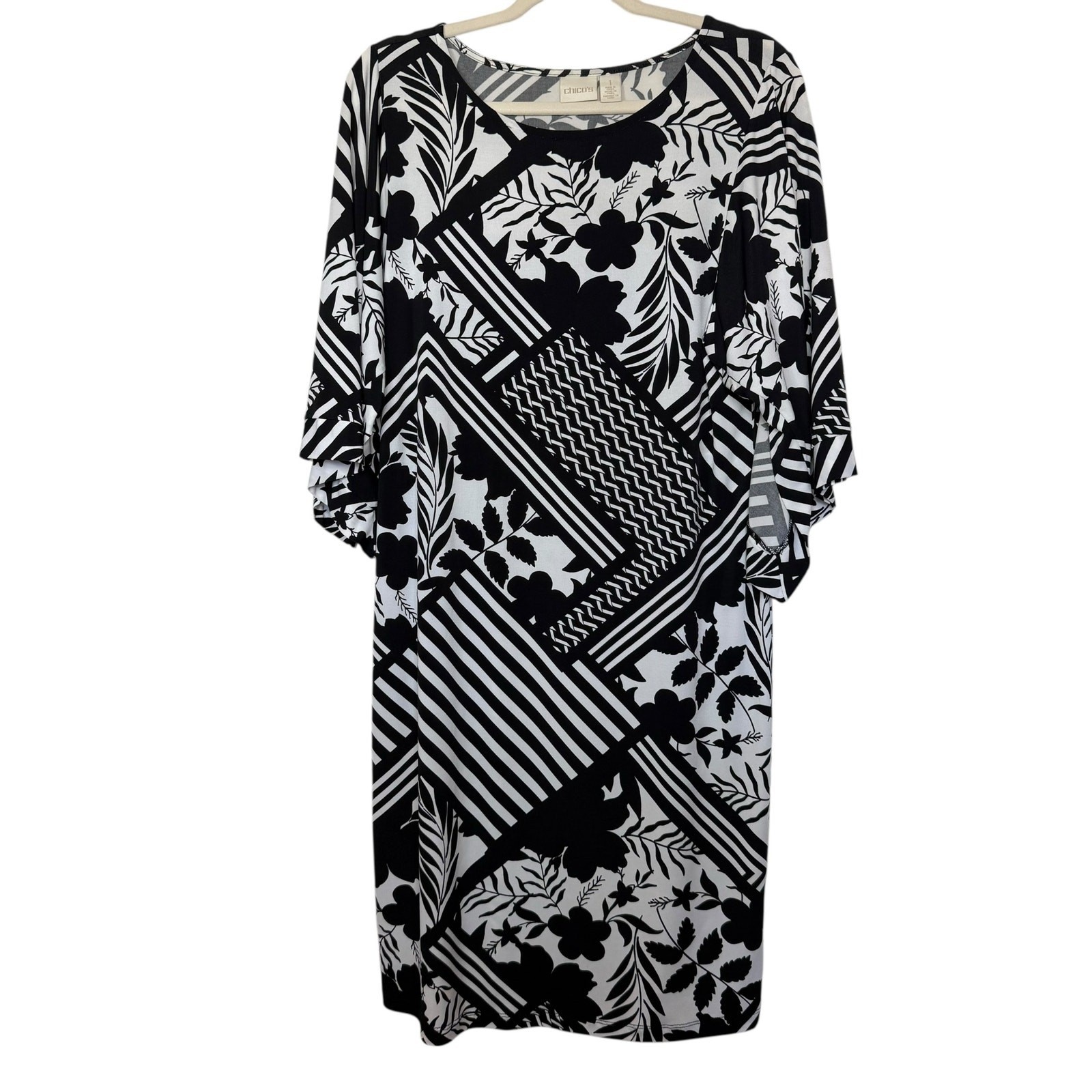 Chico’s Black & White Print Short Split Sleeve Geo floral Dress Chicos 1 US M