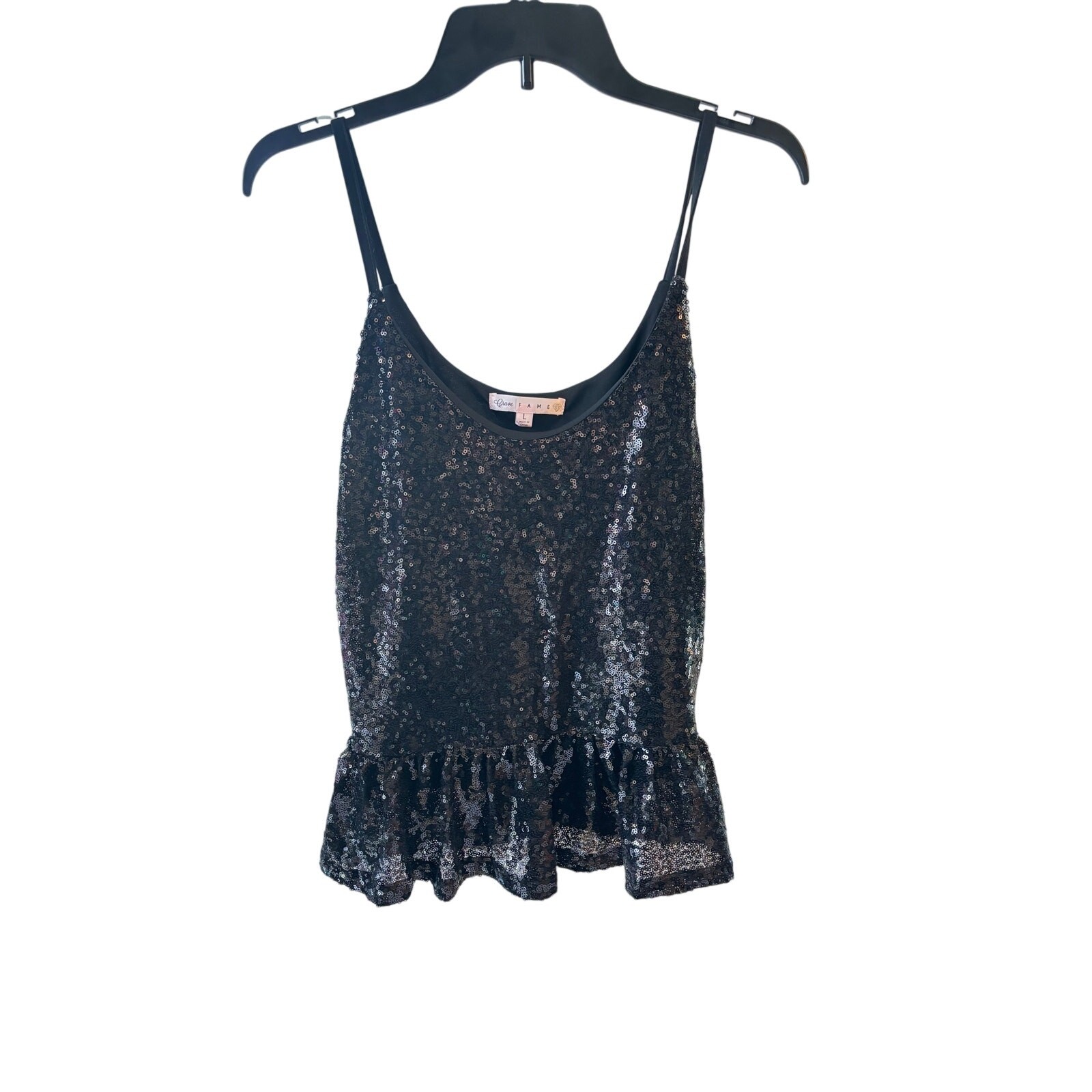 Crave Fame black sequin spaghetti strap Cami tank top blouse sz L