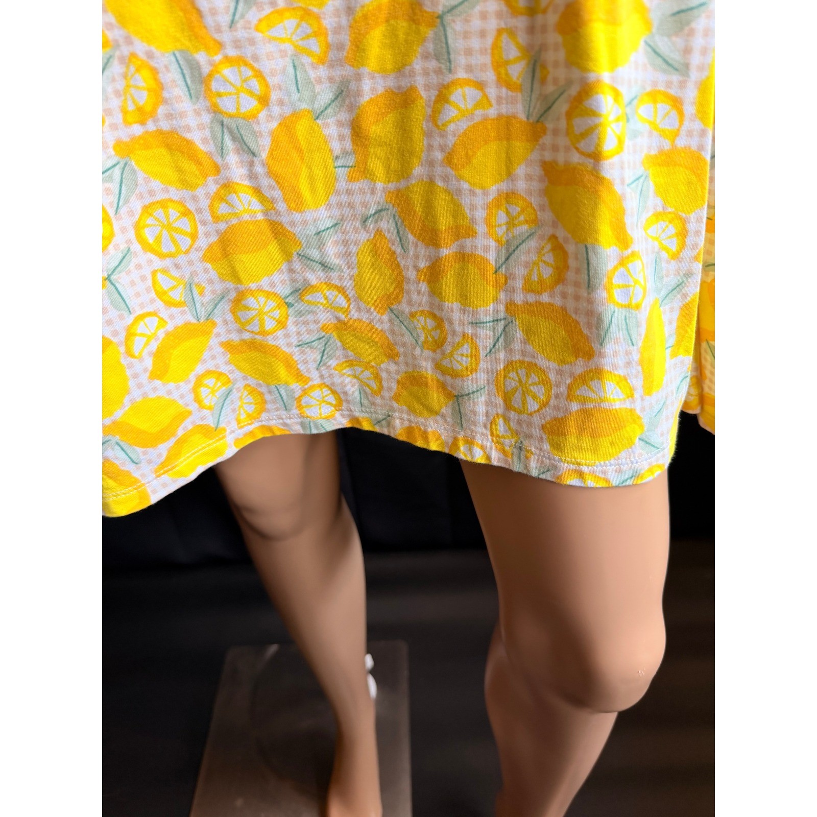 Lands End Yellow Lemon Print Faux Wrap Dress Size MP Sleeveless Gingham Tropical