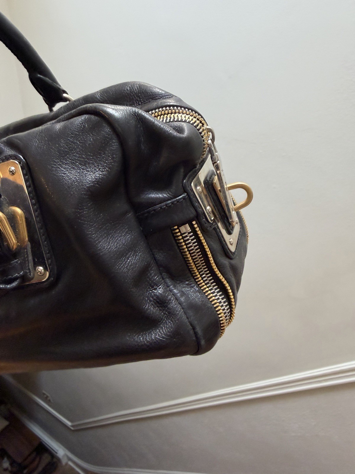 PRADA Black Top Handle Bag Gold Hardware Lock Buckle Accents Zip Closure