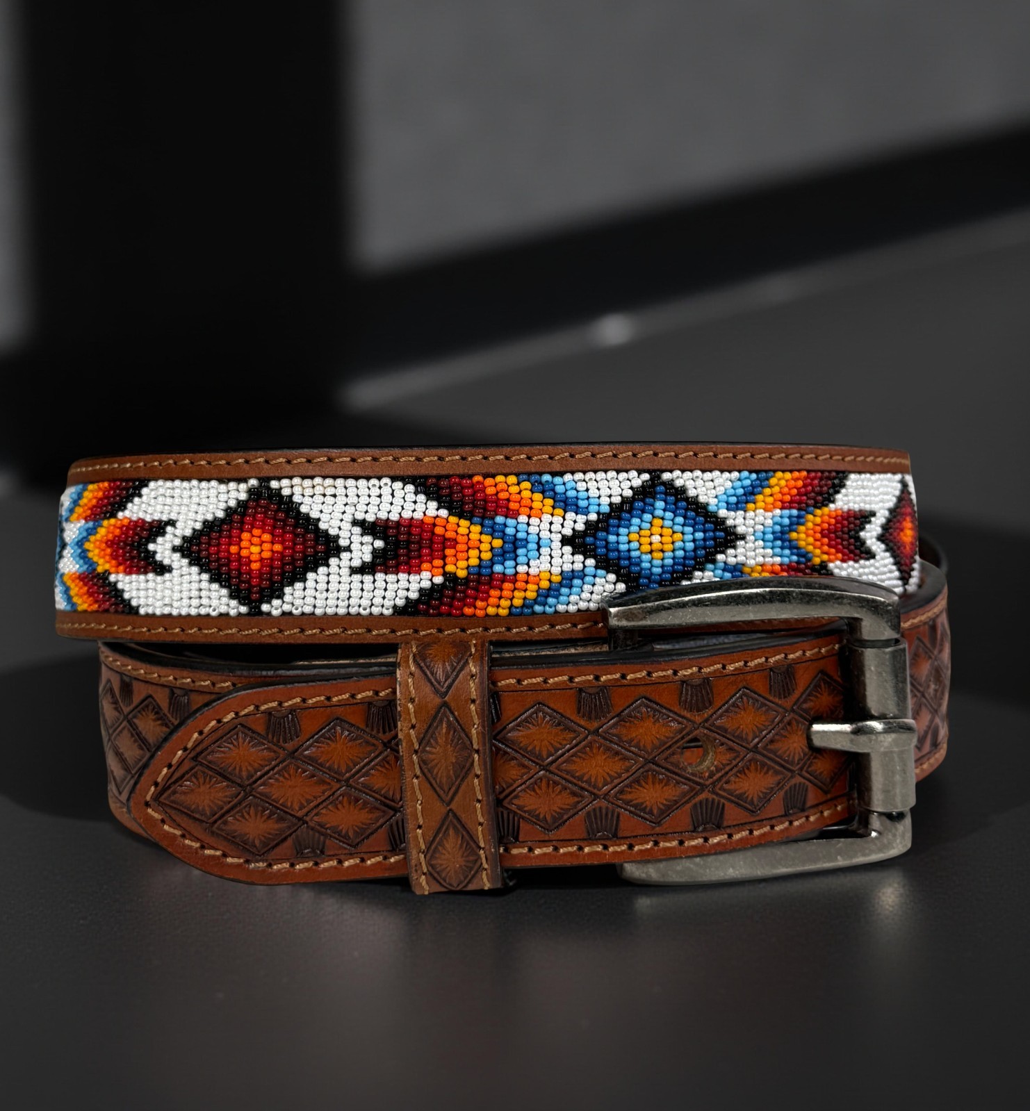 Full Grain Leather Hand Tooled Western Belt Cowboy Rodeo Beaded Removable Buckle