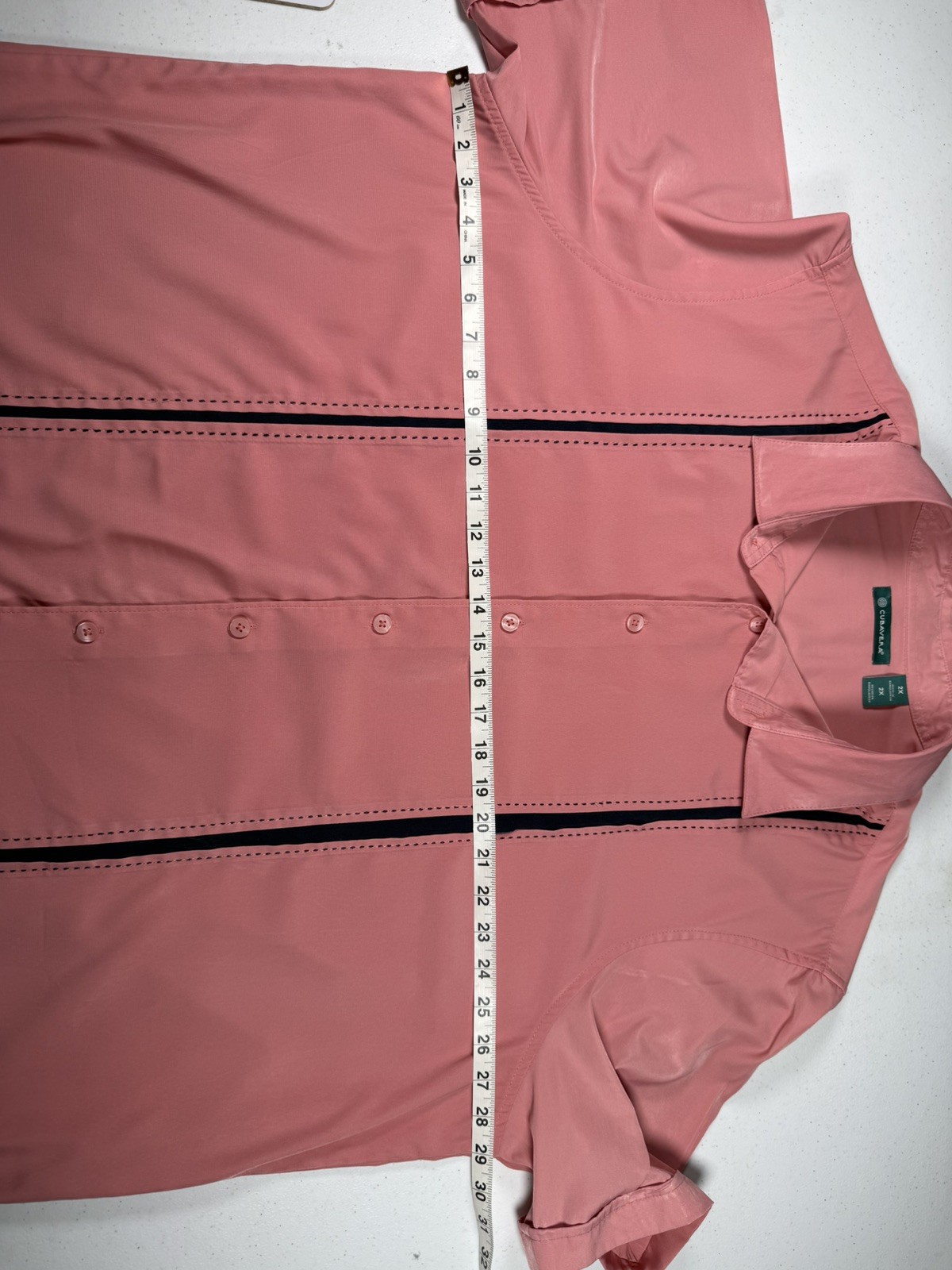 Cubavera Mens 2X Coral Salmon Guayabera Shirt Black Trim Resort Camp Button