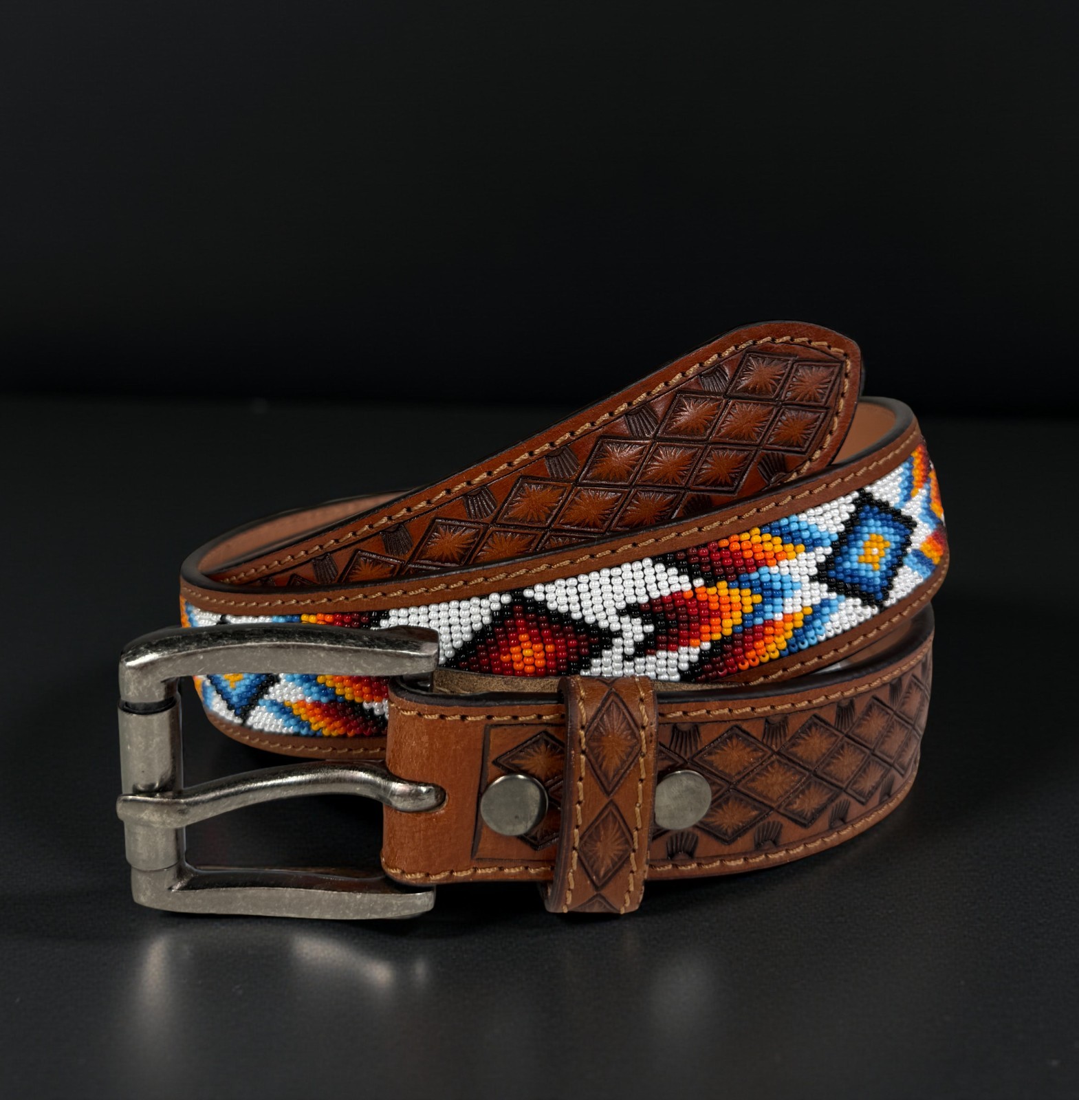 Full Grain Leather Hand Tooled Western Belt Cowboy Rodeo Beaded Removable Buckle