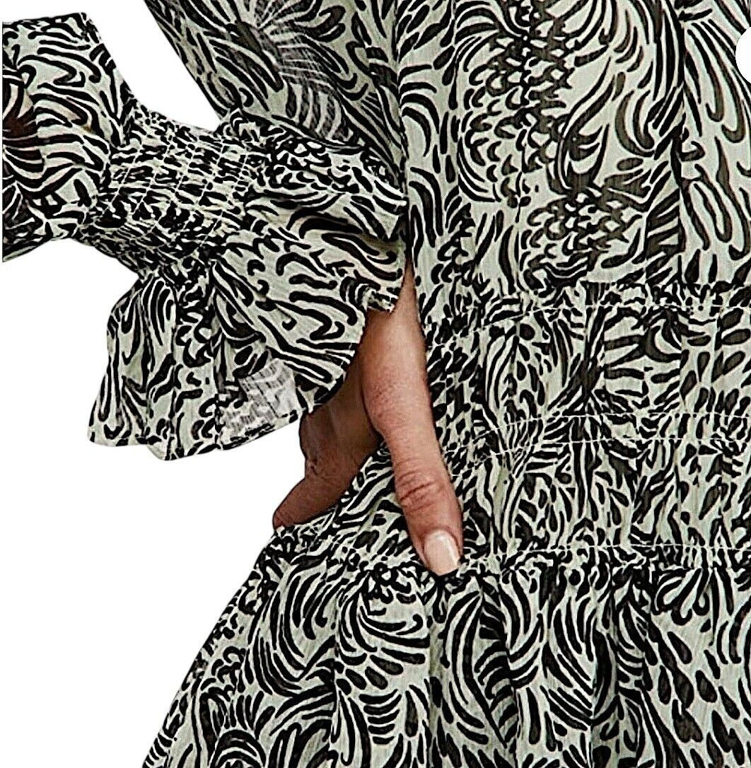 CINQ A SEPT Janelle Smocked Tiered Ruffled Mini Dress Size 8 Swirl Print Green