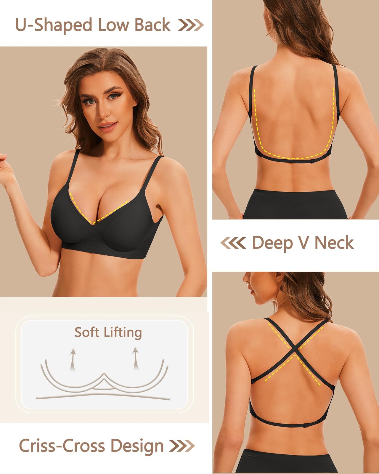 Low Back Bra Wireless Padded Bralette Comfort Halter Backless Cross Multiway USA
