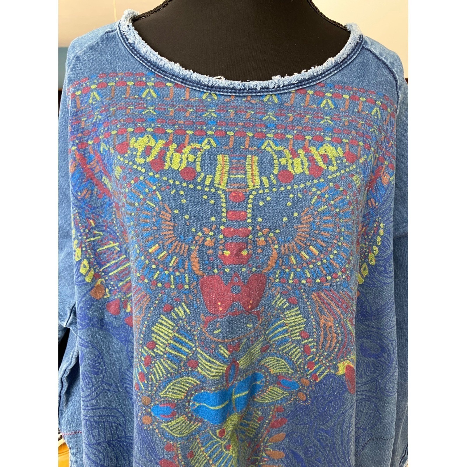 Yes No Blue Oversized Tunic Sweatshirt Top Tribal Graphic Print Pockets L/XL
