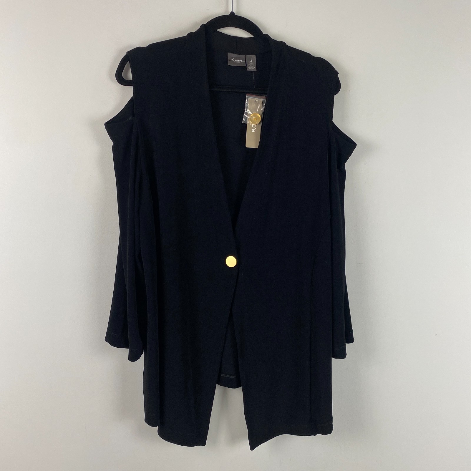Chicos Travelers Cutout Cold Shoulder Jacket Size 3 US XL Black Slinky Knit