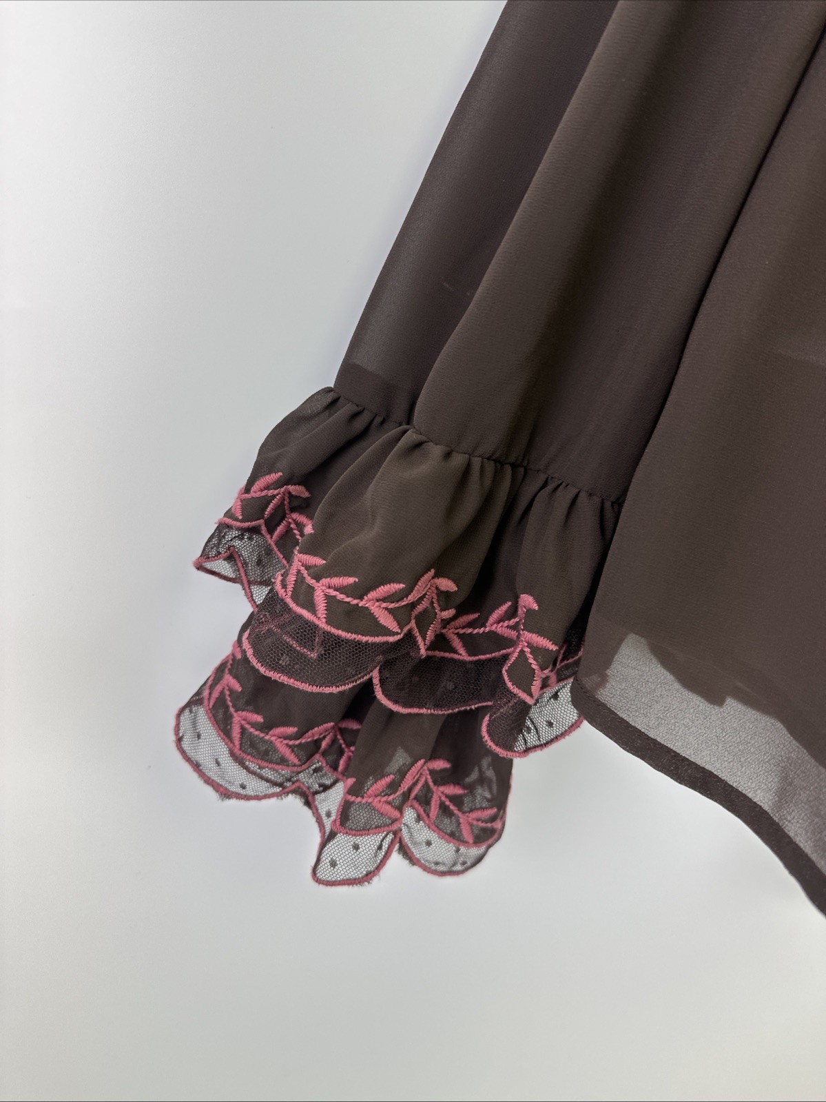 Anthropologie Long Sleeve Applique Blouse Brown Pink Embroidered Ruffle Chiffon