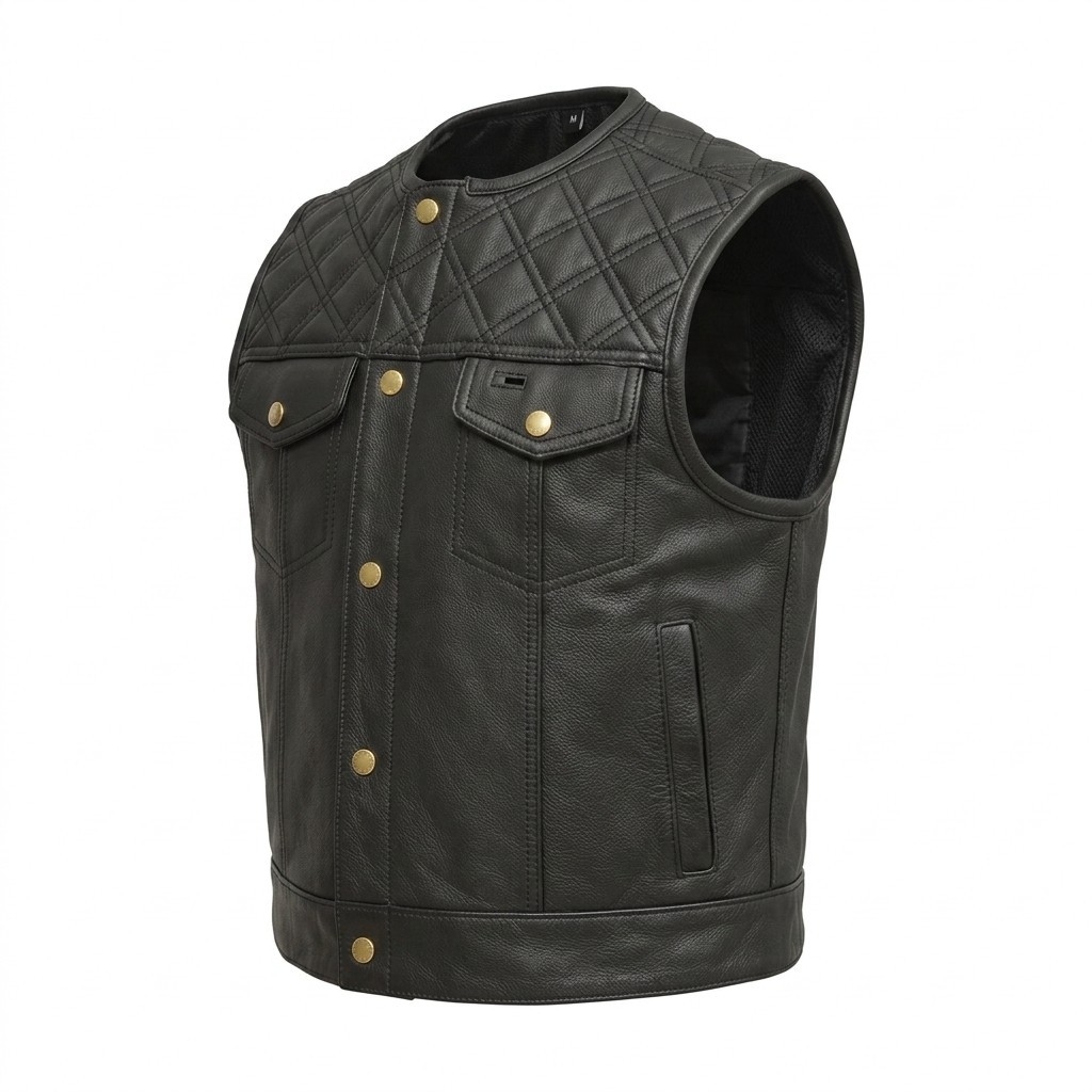 Men’s Black Genuine Leather Motorcycle Vest Biker Snap Front Quilted Club Vest
