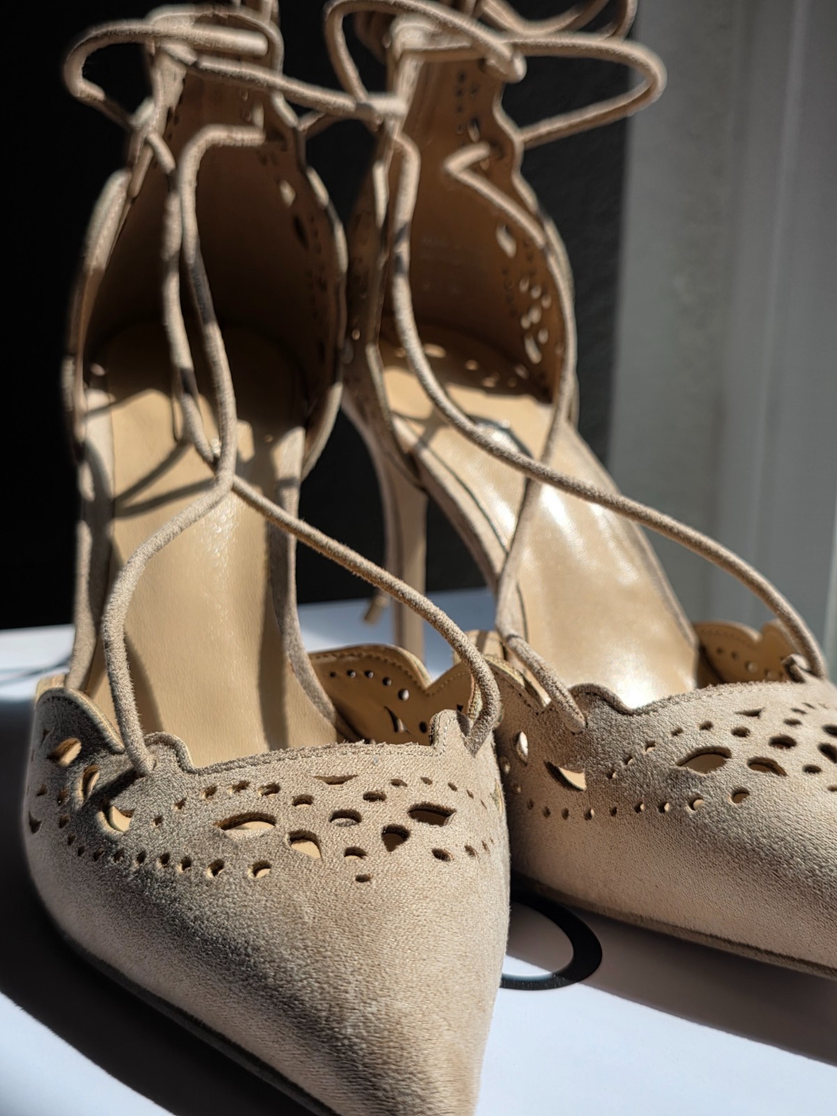 ALDO Antoinette Size 6 Nude Beige Suede Lace Up Stiletto Heels Pumps Never Worn