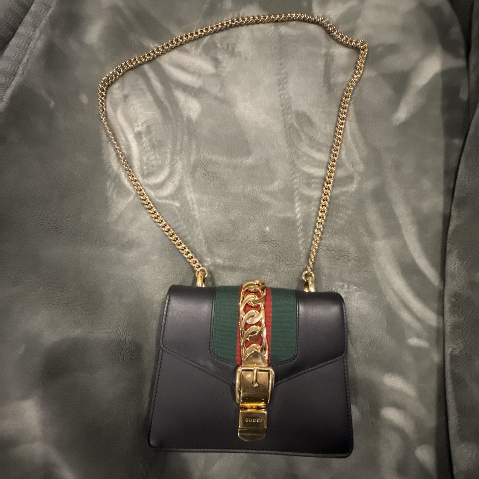 Gucci Sylvie Small Black Leather Web Stripe Gold Chain Shoulder Bag 421882