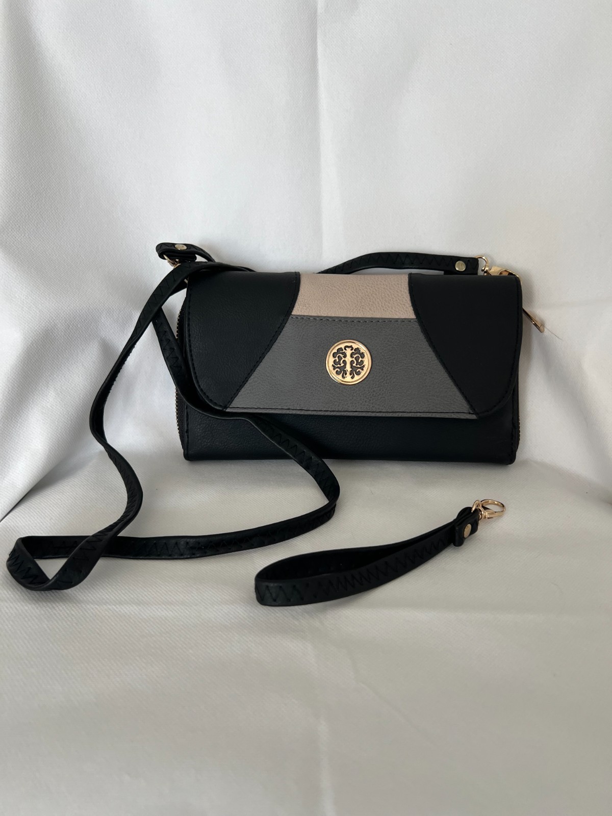 Women’s Black Gray Wallet Crossbody Bag Clutch Purse Phone Holder Wristlet