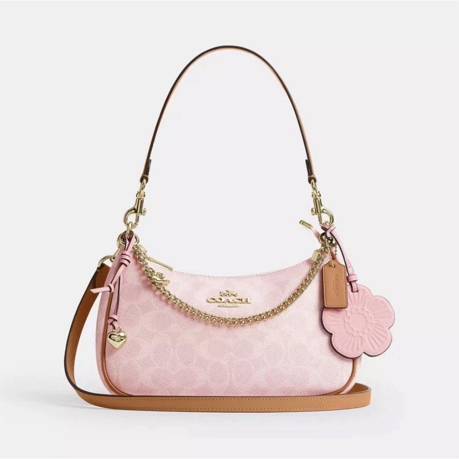 NWT Coach Gold Powder Pink Teri Shoulder Bag Signature with Charms CEA20