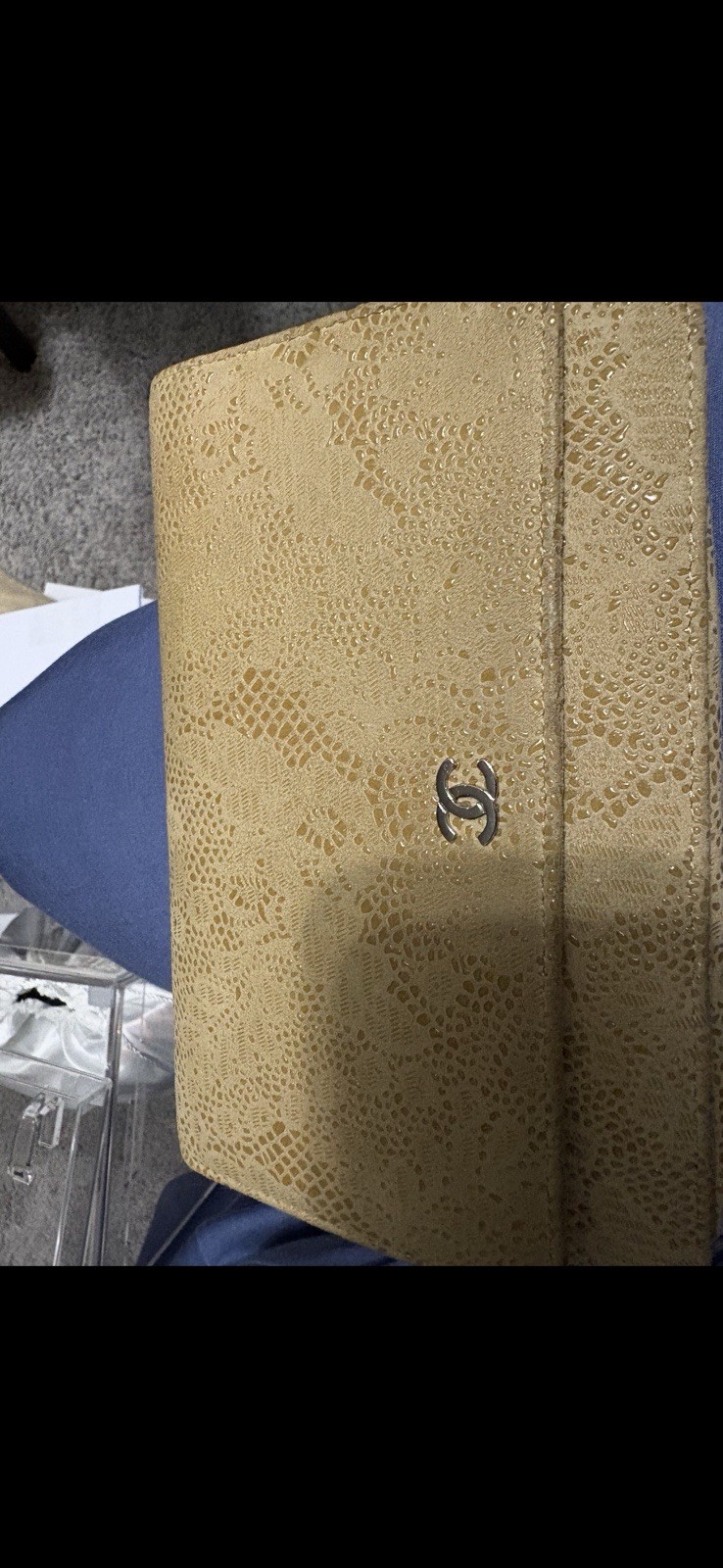 CHANEL Beige Embossed Logo Clutch w/ Gold Hardware Animal Print Women