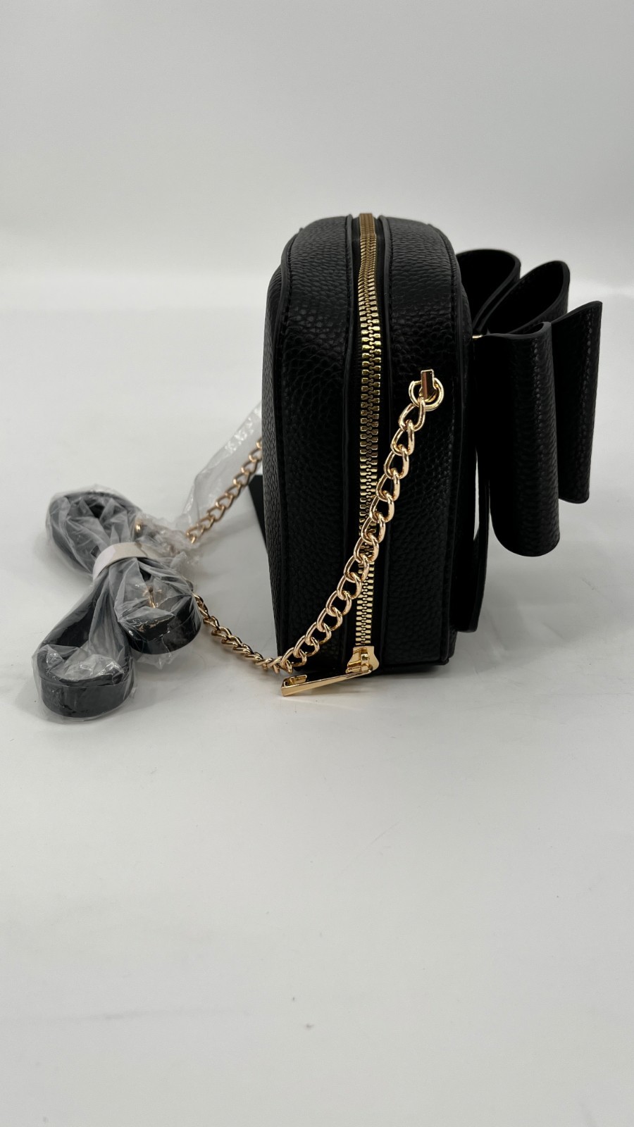 Crossi Chloe Bow Crossbody Black Faux Leather Zip Closure Chain Strap Logo