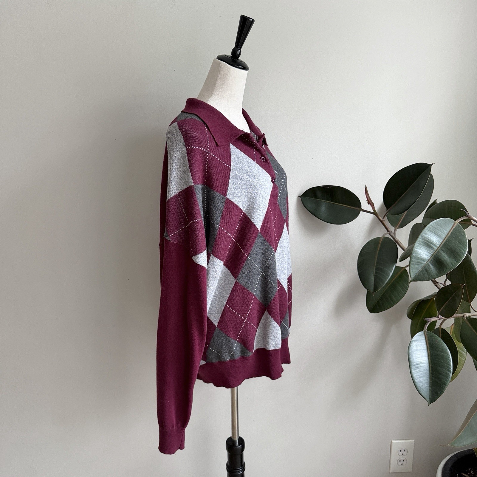 Edikted Argyle Oversized Polo Sweater Burgundy Dark Academia Preppy M