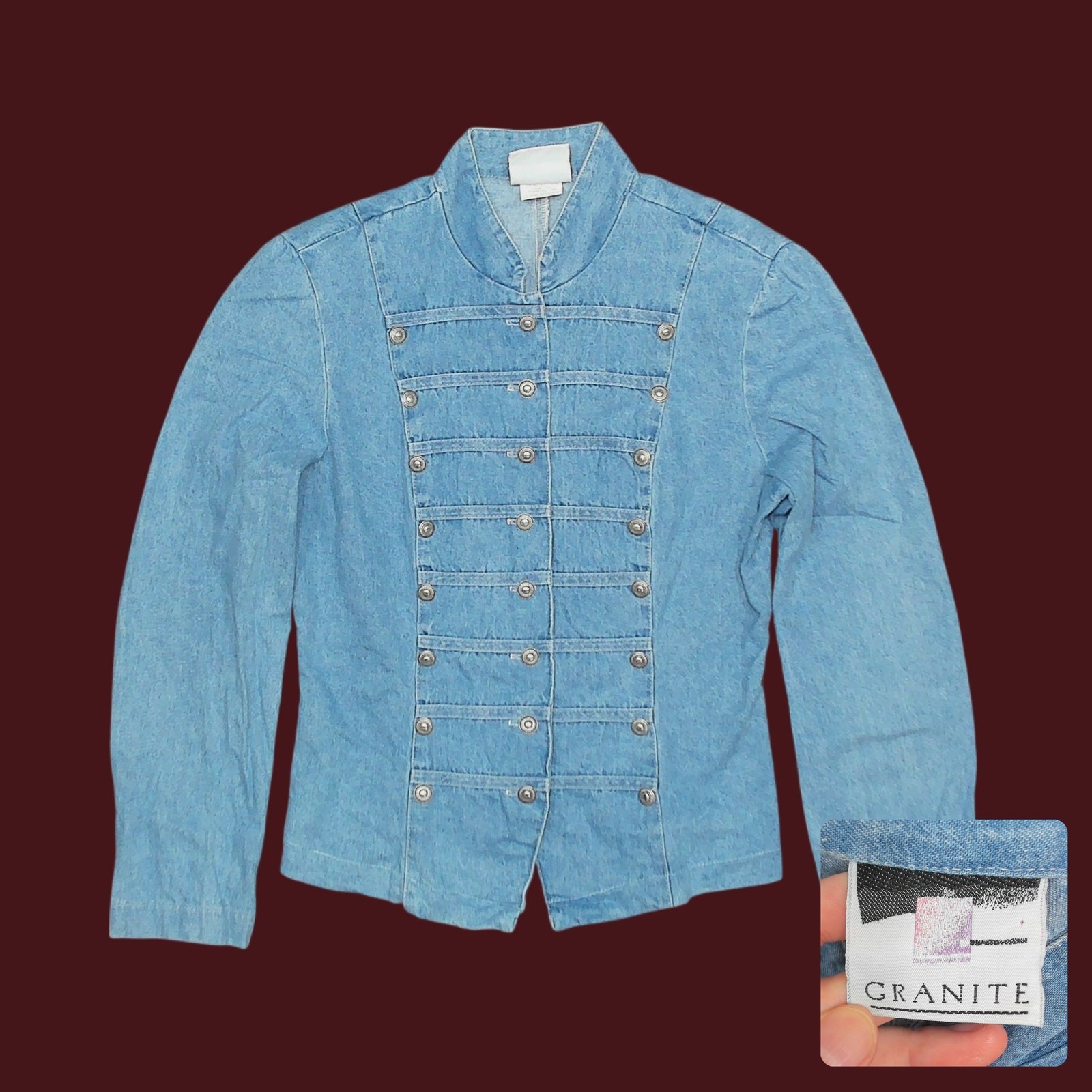 Vintage 80s Granite Denim Drummer Boy Band Jacket Western Concho Buttons Size S