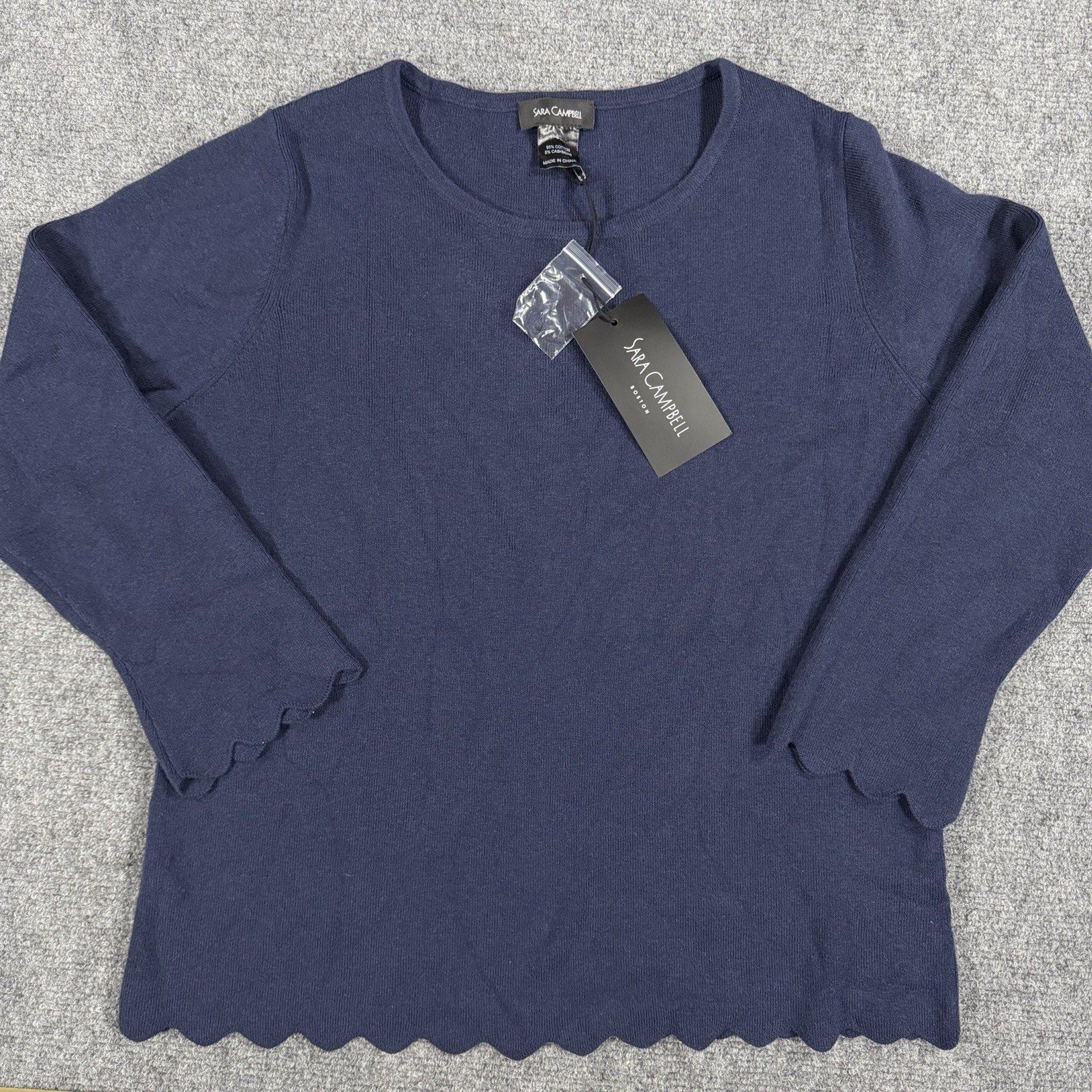 Sara Campbell Sweater Womens Small Blue Cashmere Cotton Blend Scalloped Hem NEW