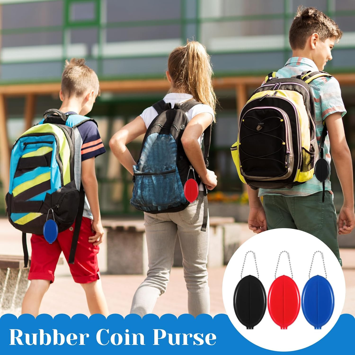 3 Pcs Rubber Squeeze Coin Purse with Chain Small Oval Change Pouch for Travel