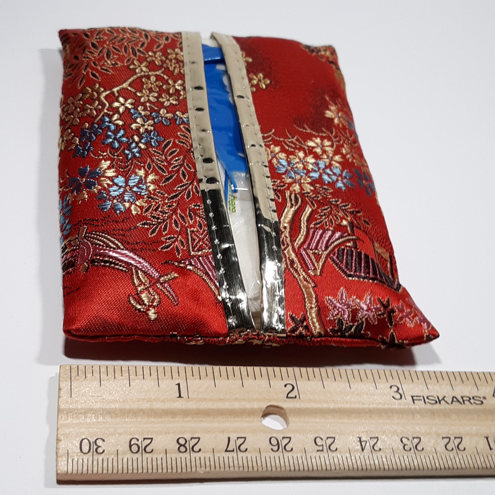 VINTAGE COSMETIC PURSE ACCESSORY SET RED SILK ORIENTAL PRINT + Lipstick Holder