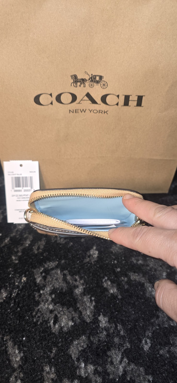 Coach Leather Logo Zip ID/Document Holder w/ Chain, Blue/Beige