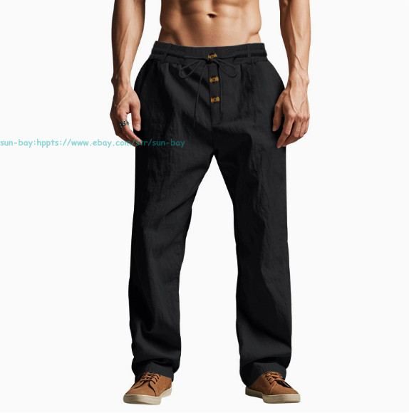 Men Casual Linen Pants Elastic Waist Drawstring Summer Beach Trousers withPocket