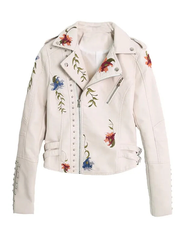 Customizable Women Floral Print Embroidery Faux Soft Leather Jacket Coat Collar